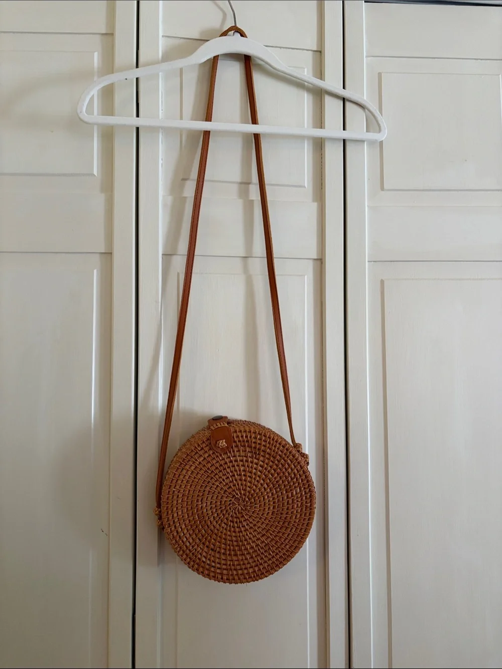 Tan Woven Round Crossbody Bag